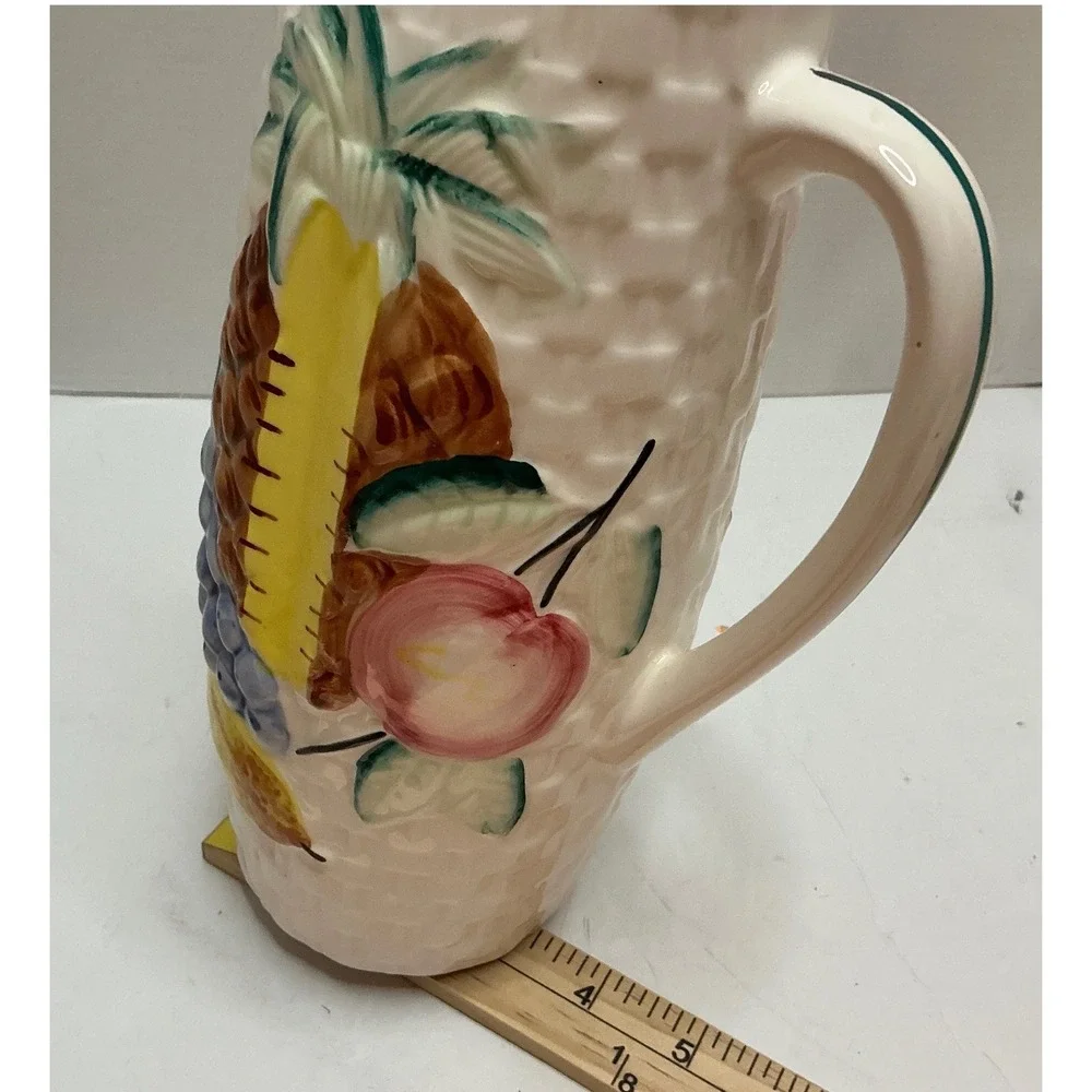Vintage‎ Pitcher and 5 Cup Set Fruit Basketweave Ceramic Tropical Cream